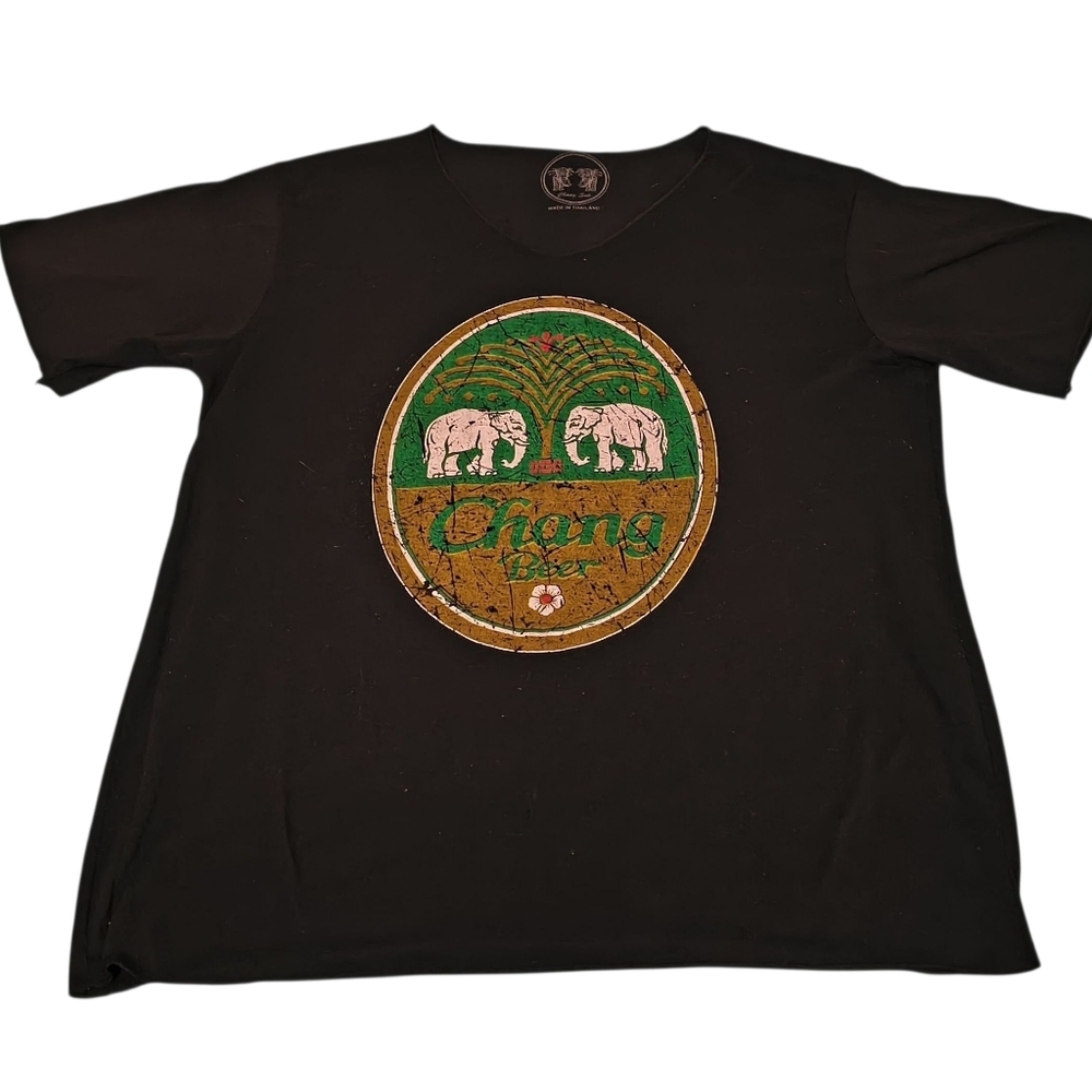 Chang Beer Black Elephant Graphic T-Shirt Retro Logo Short Sleeve Large Tee